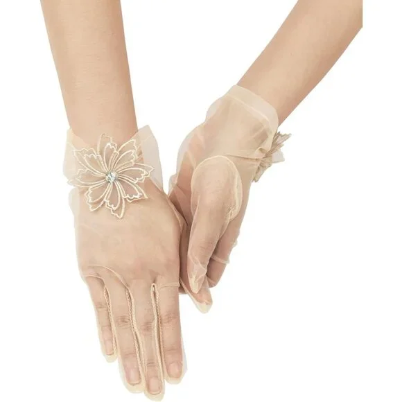 Women's Evening Champagne Mesh Lace Short Gloves Wedding Bridal Tea Party Prom - Picture 7 of 7